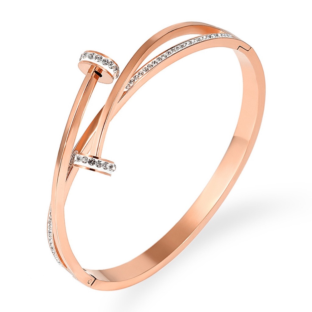 Rose Gold Cross Nail Bangle Bracelet with Zircons